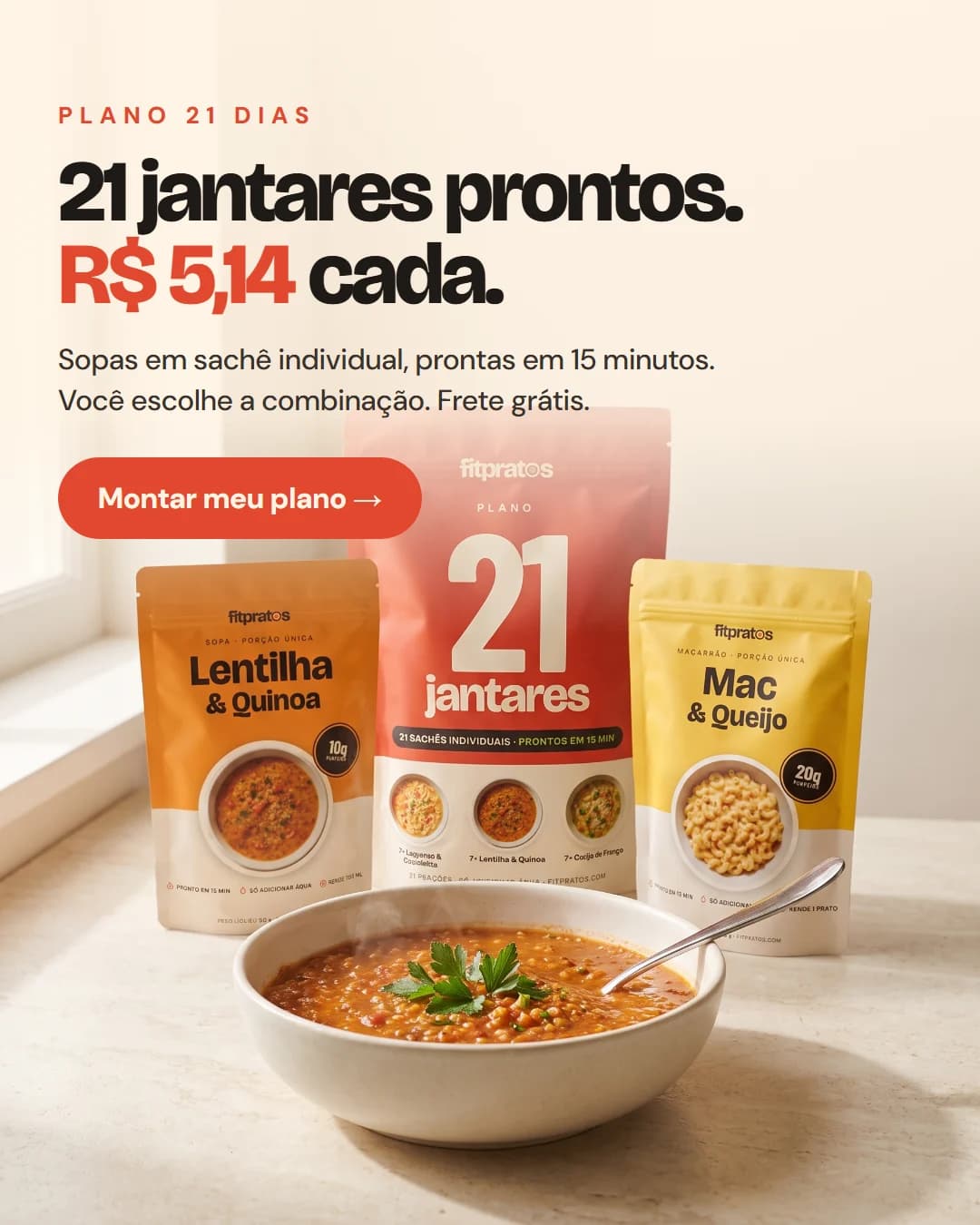 Plano 21 Dias: 21 jantares prontos por R$ 5,14 cada no Pix